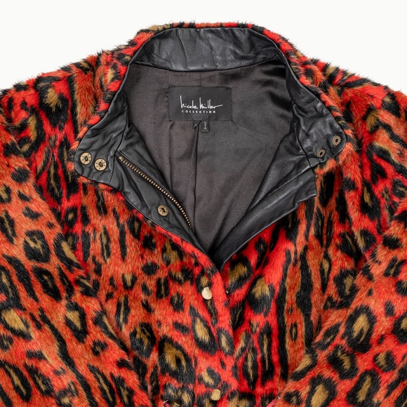Nicole Miller Red Leopard Faux Fur Anorak Jacket Zip Drawstring Waist - Size P - Picture 11 of 12